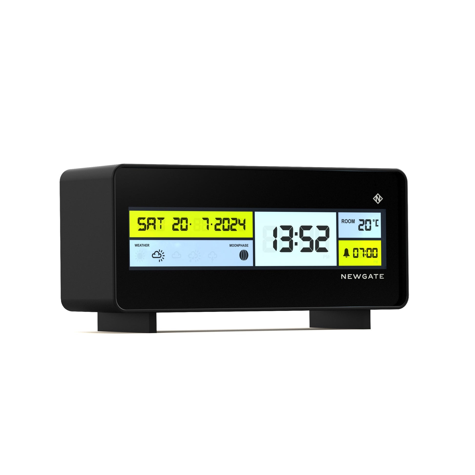 The Newgate Futurama LCD Alarm Clock features a black case, backlit yellow and white screen displaying time, date, indoor temperature, weather icons, and alarm. NEWGATE is printed on the front for a stylish look.