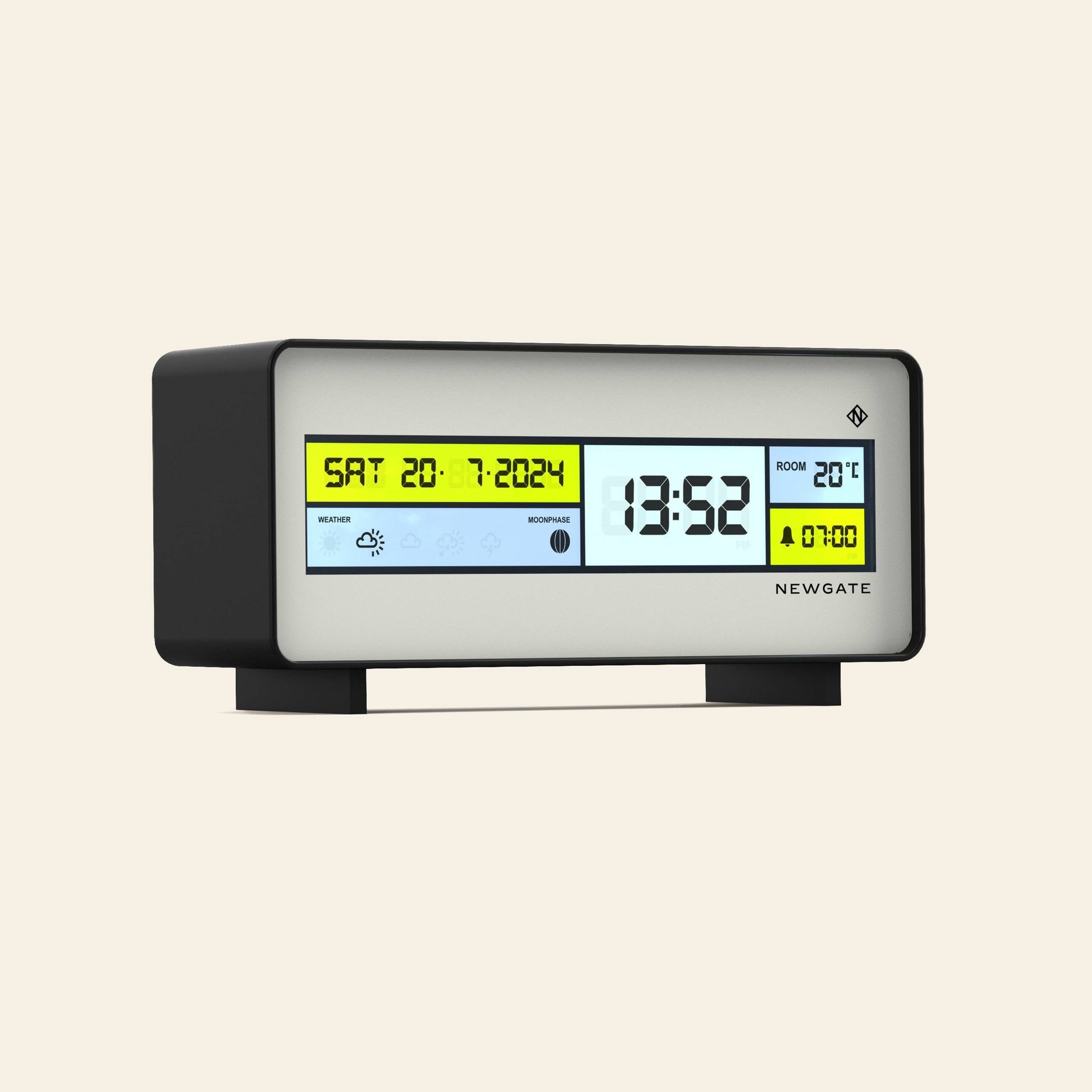 The Newgate Futurama LCD Alarm Clock by Newgate features a black and white rectangular design, showing the date, time, room temperature, and alarm on a yellow and white LCD screen with a clear temperature display.