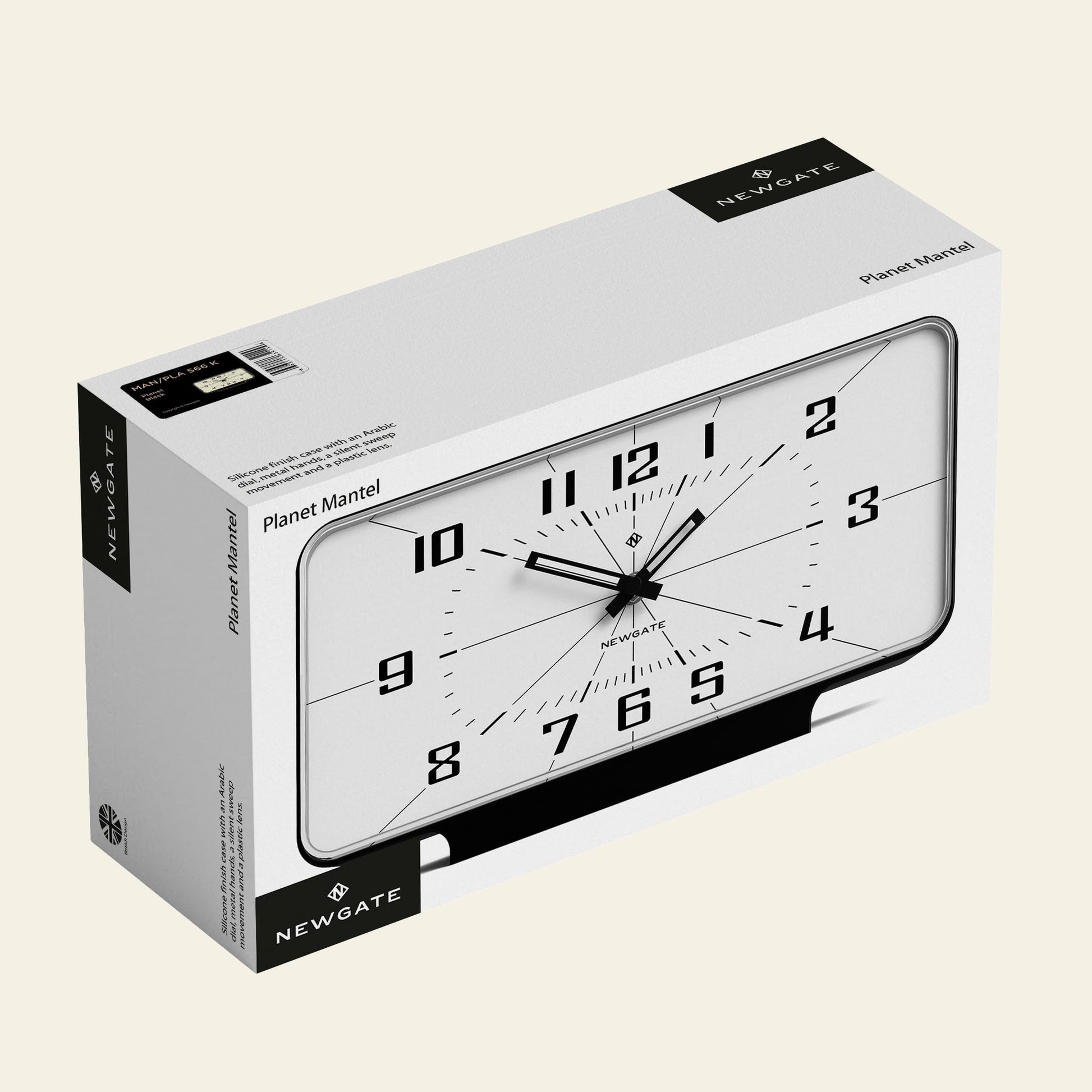Newgate Planet Mantel Clock: A rectangular white mantel clock with bold black Arabic numerals and hands, featuring a retro minimalist black-and-white design. Shown in packaging labeled NEWGATE and Planet Mantel.