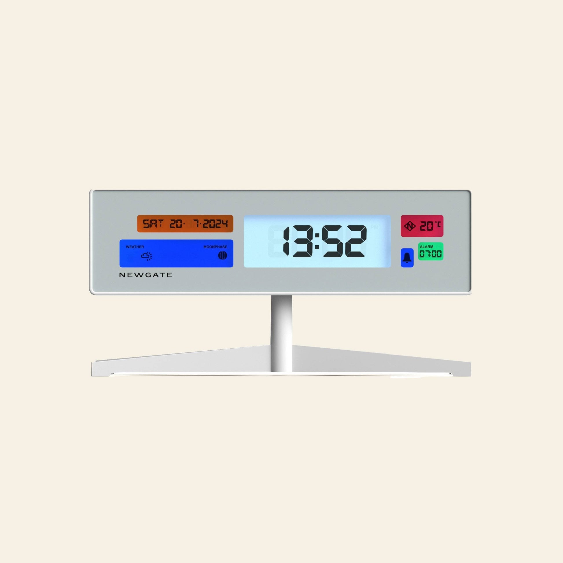 The Newgate Supergenius LCD Alarm Clock from Newgate displays 13:52, Saturday 20-7-2024, and 20°C on a vivid rectangular screen with an alarm symbol. It features a USB power cable and modern design with colored sections.