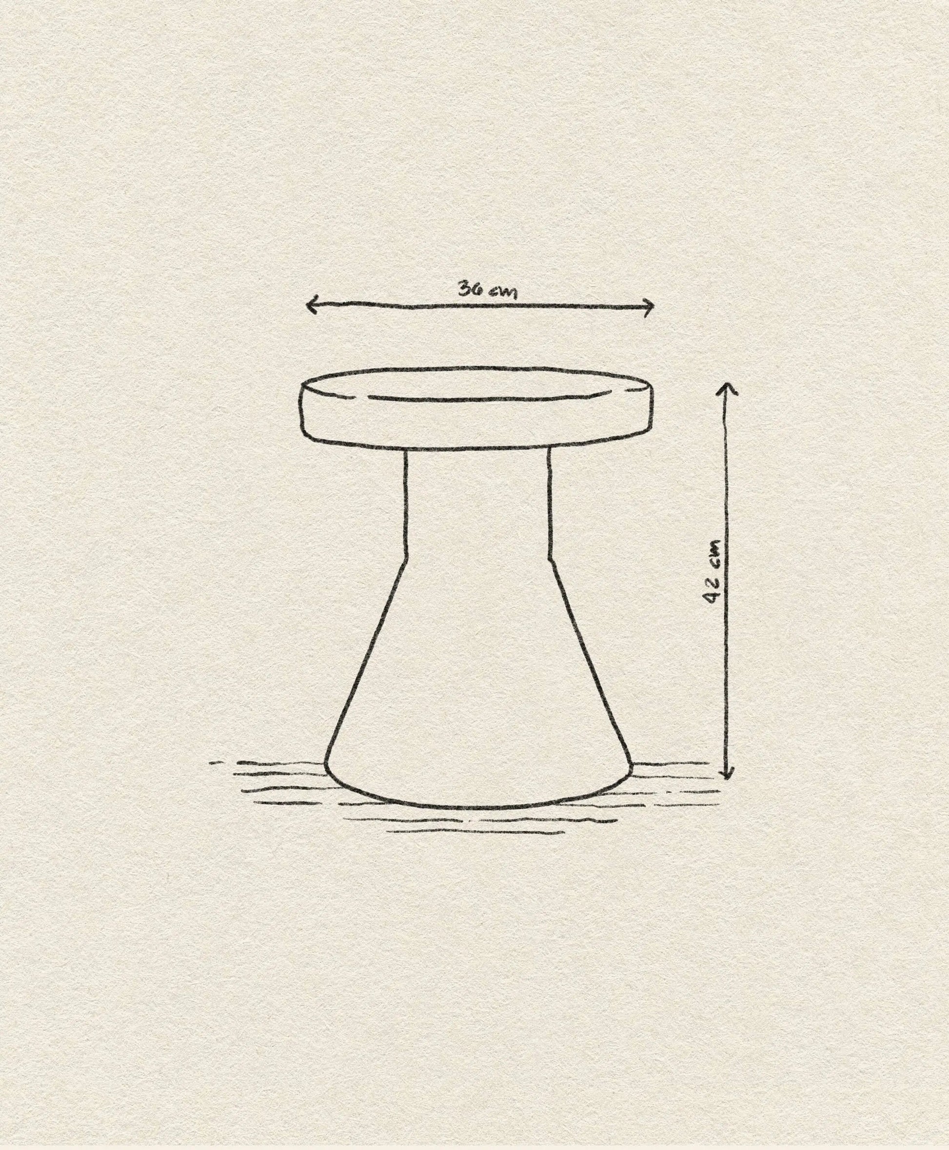 A simple line drawing of the Normann Copenhagen Bit Stool Cone, a round stool with a conical base, labeled 36 cm wide and 42 cm tall. Designed for multifunctional use by Normann Copenhagen, set on a textured beige background.