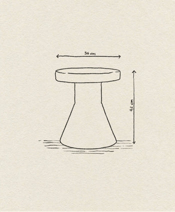 A simple line drawing of the Normann Copenhagen Bit Stool Cone, a round stool with a conical base, labeled 36 cm wide and 42 cm tall. Designed for multifunctional use by Normann Copenhagen, set on a textured beige background.