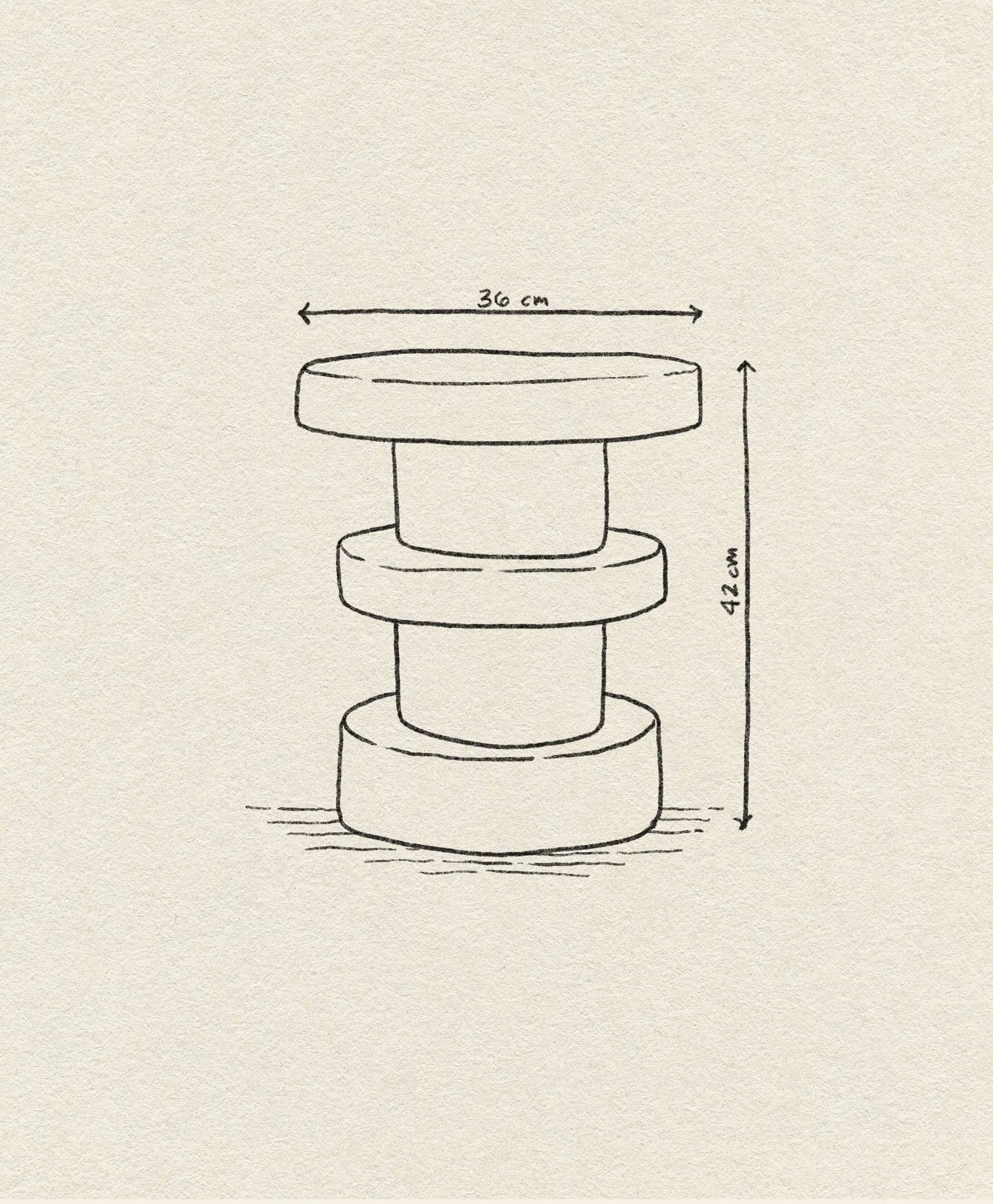 A hand-drawn sketch of the Normann Copenhagen Bit Stool Stack, a cylindrical seat by Normann Copenhagen with three uneven stacked sections. Dimensions: 36 cm W x 42 cm H. The textured off-white background highlights its multifunctionality.