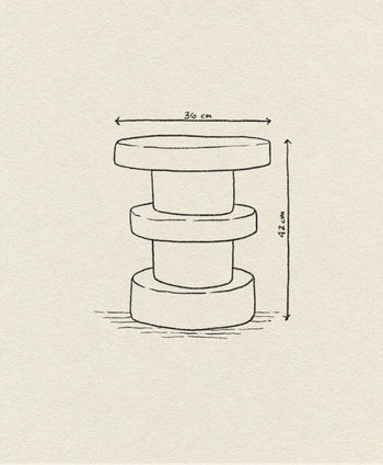 A hand-drawn sketch of the Normann Copenhagen Bit Stool Stack, a cylindrical seat by Normann Copenhagen with three uneven stacked sections. Dimensions: 36 cm W x 42 cm H. The textured off-white background highlights its multifunctionality.