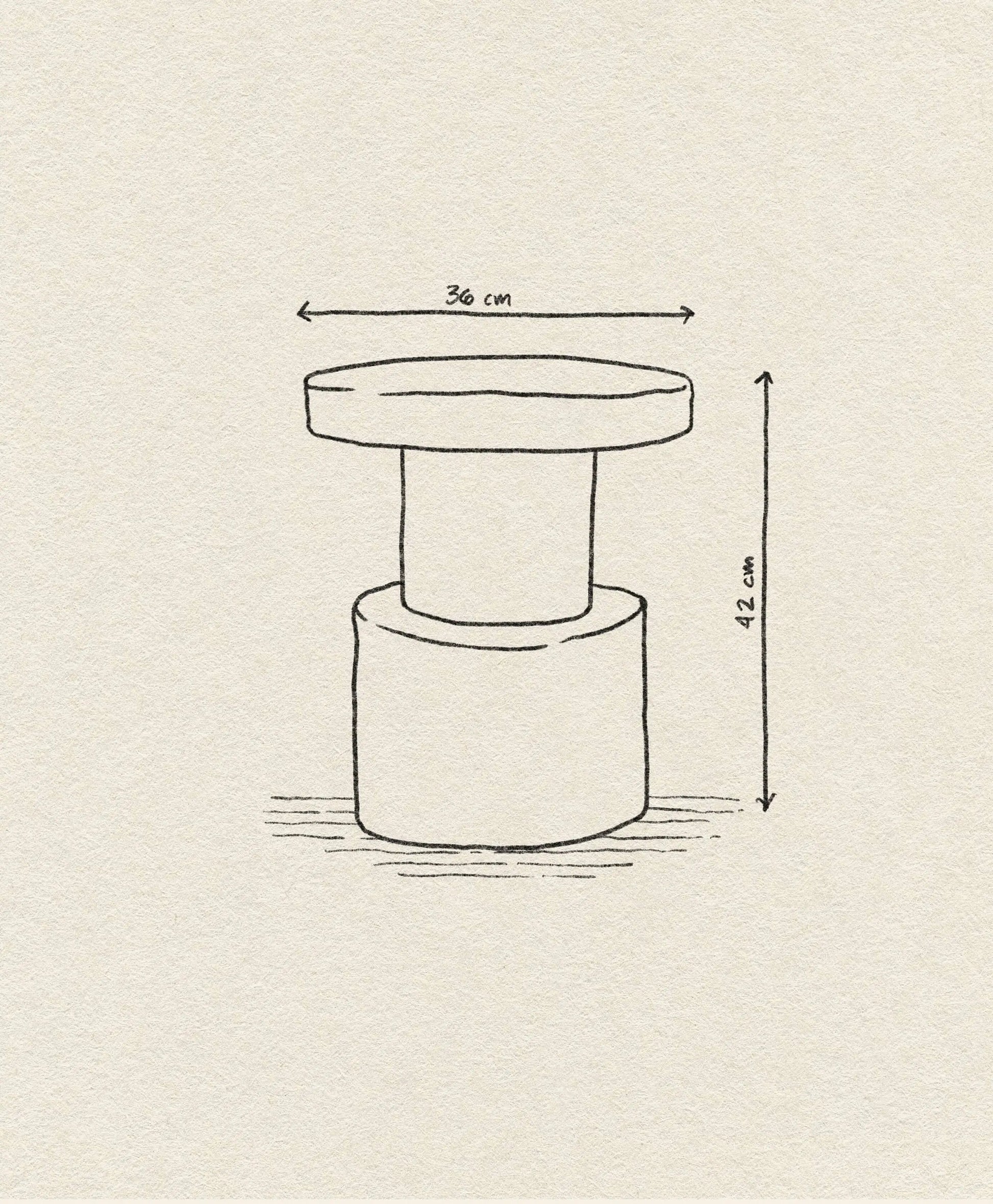 A minimalist line drawing of the Normann Copenhagen Bit Stool by Normann Copenhagen, showing its multifunctional design with a cylindrical base, wider top (36 cm diameter), and 42 cm height against a textured beige background.