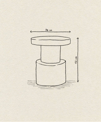 A minimalist line drawing of the Normann Copenhagen Bit Stool by Normann Copenhagen, showing its multifunctional design with a cylindrical base, wider top (36 cm diameter), and 42 cm height against a textured beige background.