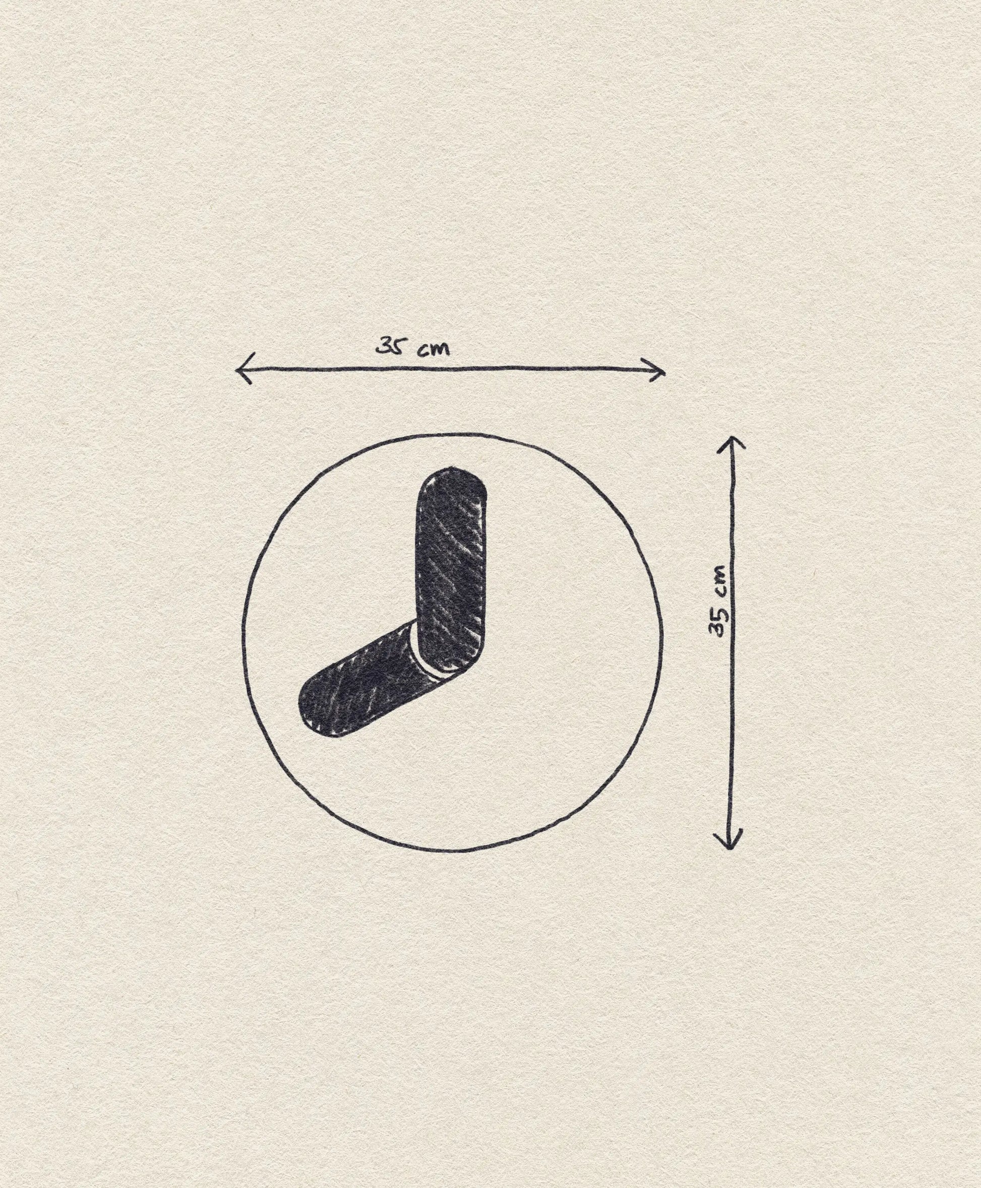 A minimalistic, hand-drawn icon of the Normann Copenhagen Bold Wall Clock by Normann Copenhagen, shown inside a circle labeled 35 cm x 35 cm, sketched on textured off-white paper.