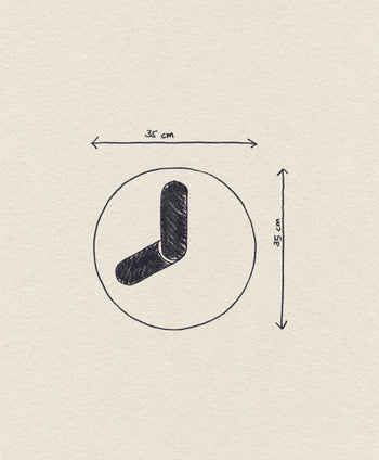 A minimalistic, hand-drawn icon of the Normann Copenhagen Bold Wall Clock by Normann Copenhagen, shown inside a circle labeled 35 cm x 35 cm, sketched on textured off-white paper.