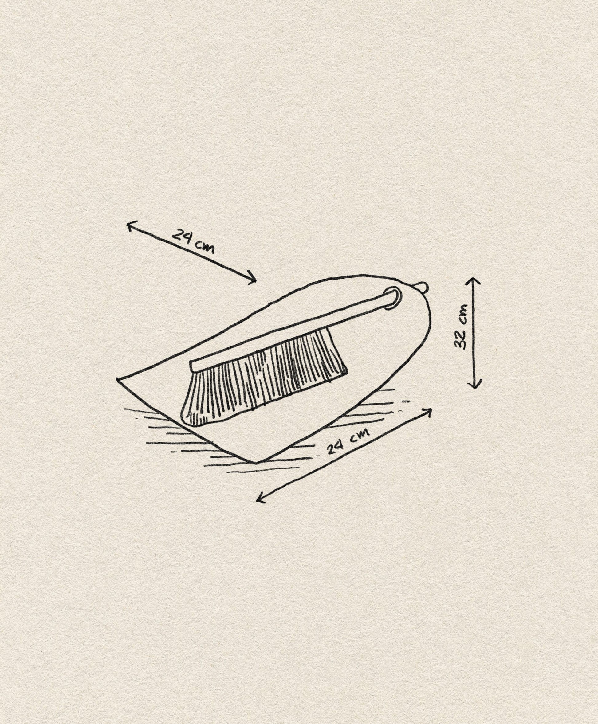 The Normann Copenhagen Dustpan & Broom set features a hand-drawn design with labeled measurements—dustpan: 29cm wide by 32cm long, brush: 24cm—on a textured beige background, emphasizing its compact and easy-to-store size.