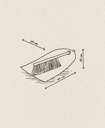 The Normann Copenhagen Dustpan & Broom set features a hand-drawn design with labeled measurements—dustpan: 29cm wide by 32cm long, brush: 24cm—on a textured beige background, emphasizing its compact and easy-to-store size.