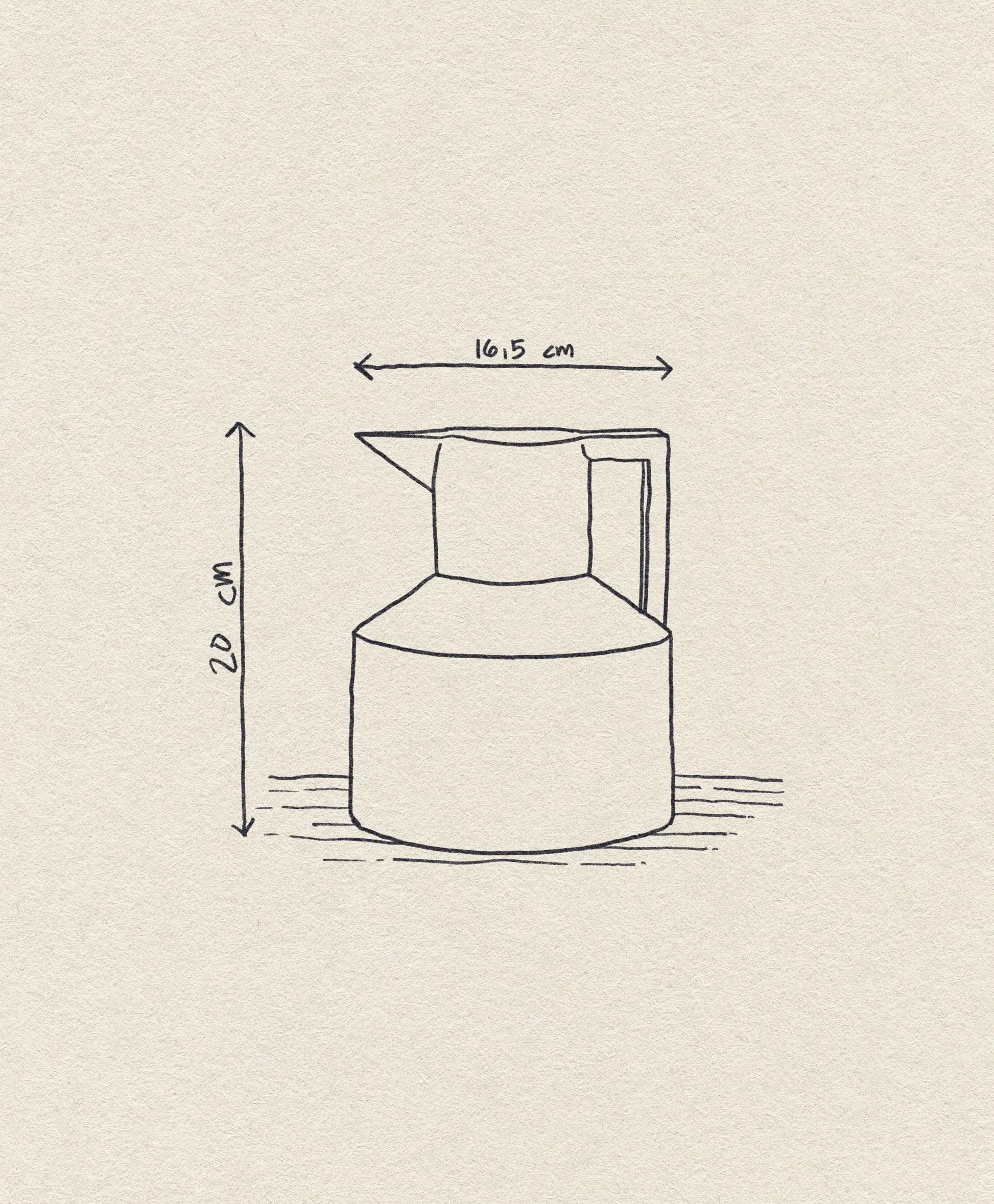 A minimalist line drawing of the Normann Copenhagen Geo Vacuum Jug (20 cm tall, 16.5 cm wide) by Normann Copenhagen, featuring a handle. The sketch appears on a textured light beige background.
