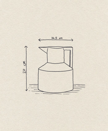 A minimalist line drawing of the Normann Copenhagen Geo Vacuum Jug (20 cm tall, 16.5 cm wide) by Normann Copenhagen, featuring a handle. The sketch appears on a textured light beige background.