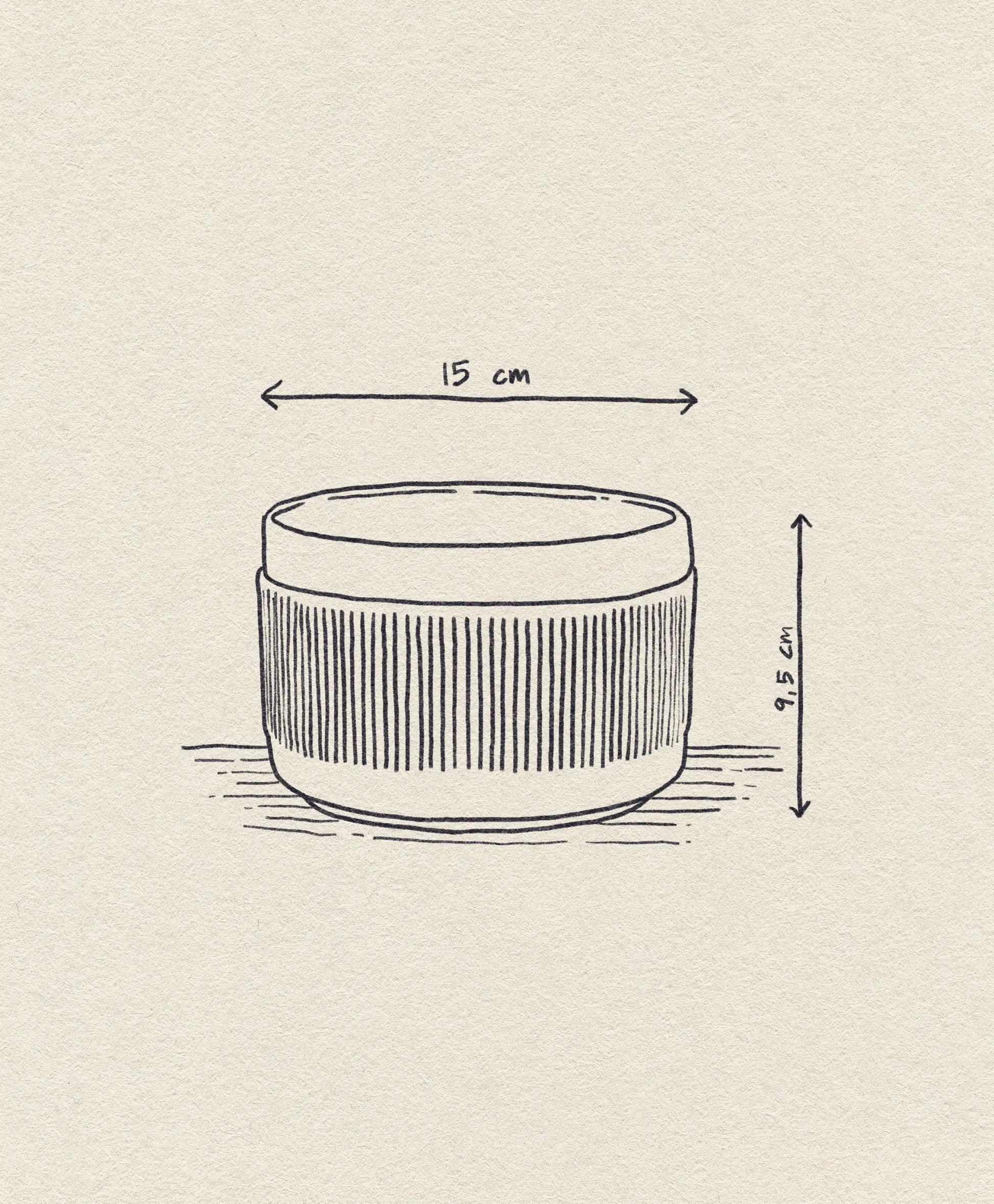 A hand-drawn illustration showcases the Normann Copenhagen Junto Bowl (15cm) with vertical grooves, highlighted by arrows and measurements, set against a textured background for your dinner table.