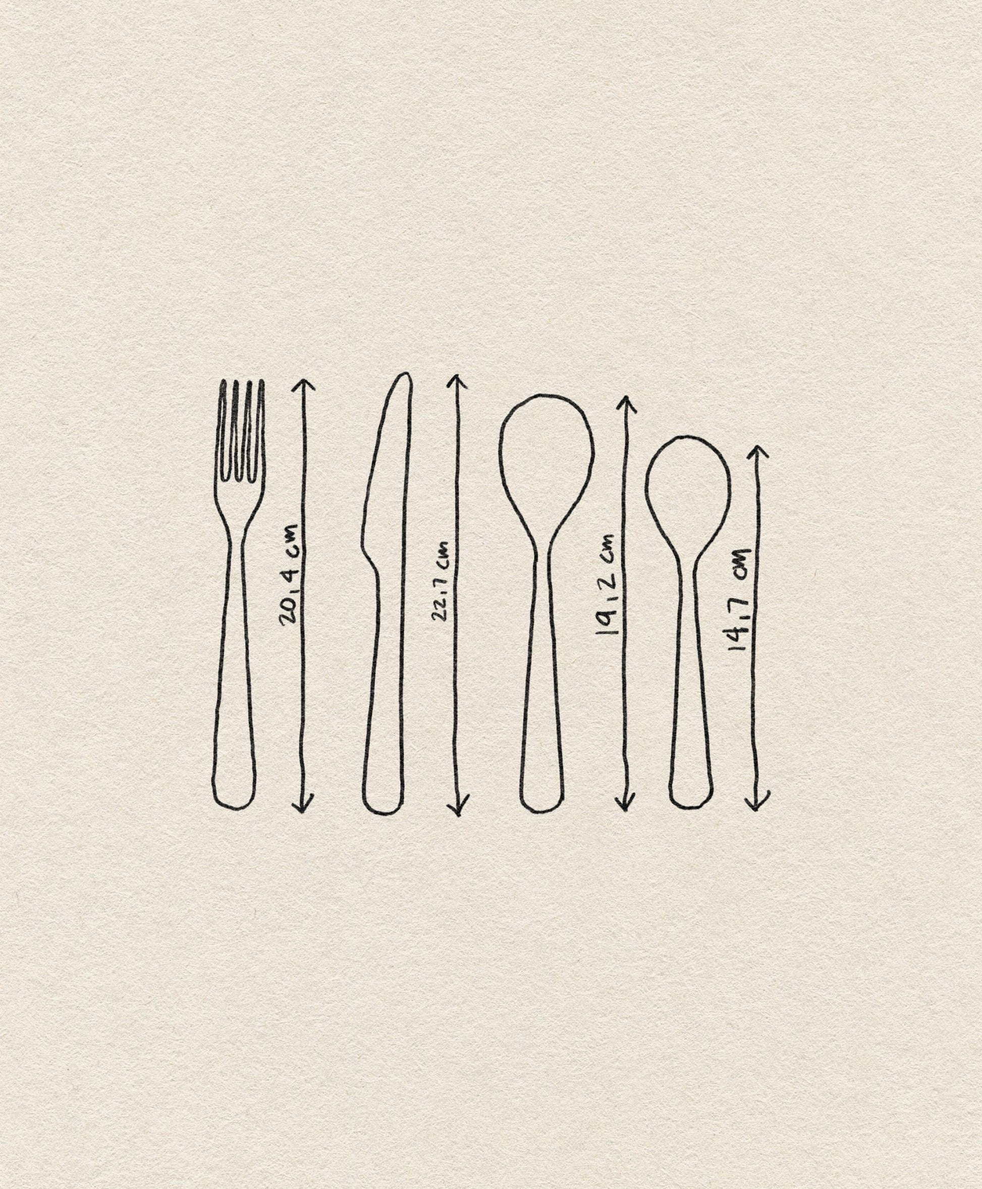 A hand-drawn illustration of the Normann Copenhagen Cutlery Gift Box (16 Pack) displays fork (20.4 cm), knife (22.7 cm), tablespoon (19.2 cm), and teaspoon (14.7 cm) in a sleek, polished finish with arrows indicating their measurements.