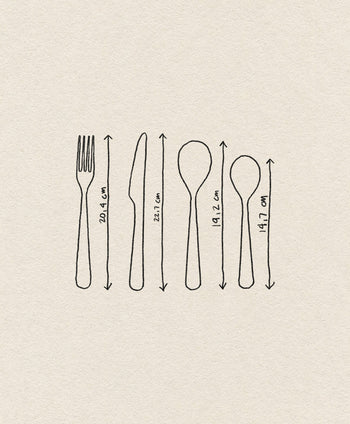 A hand-drawn illustration of the Normann Copenhagen Cutlery Gift Box (16 Pack) displays fork (20.4 cm), knife (22.7 cm), tablespoon (19.2 cm), and teaspoon (14.7 cm) in a sleek, polished finish with arrows indicating their measurements.