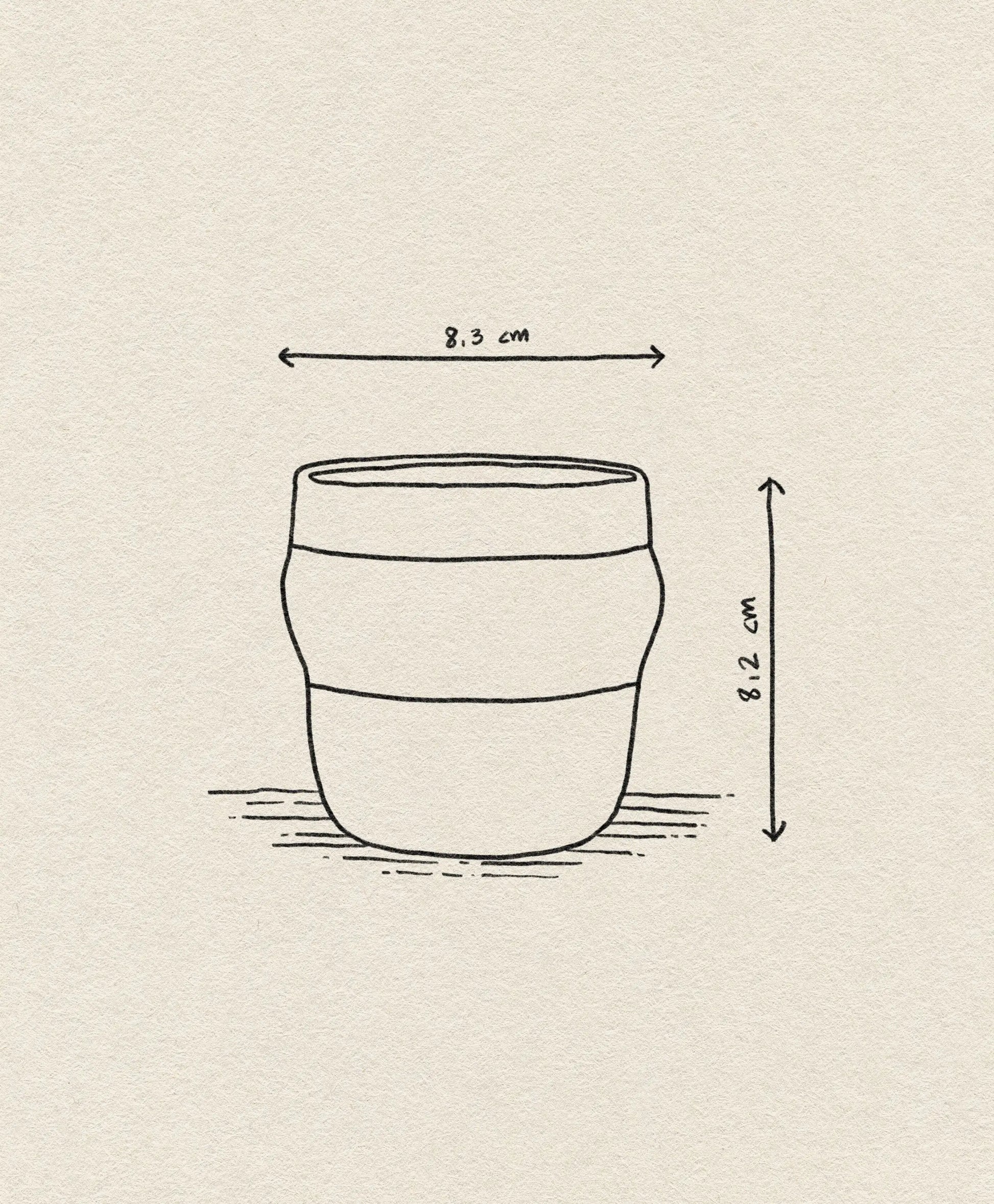 A minimalist line drawing of the Normann Copenhagen Obi Cup (8.3 cm wide, 8.2 cm tall) appears with measurement arrows on a textured beige background, inspired by the iconic design from Normann Copenhagen.