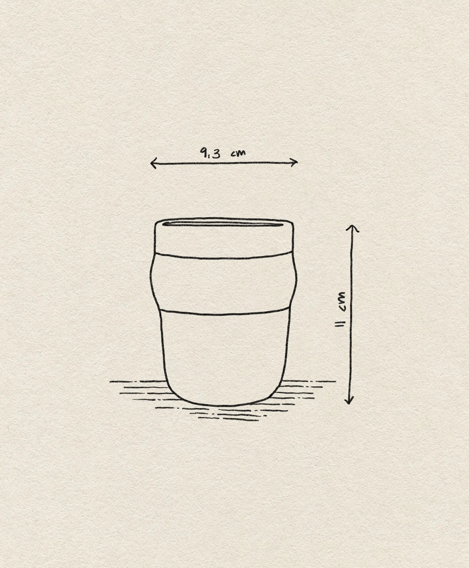 A simple line drawing of the Normann Copenhagen Obi Mug with measurement arrows (9.3 cm top diameter, 11 cm height) shown on a textured beige background.