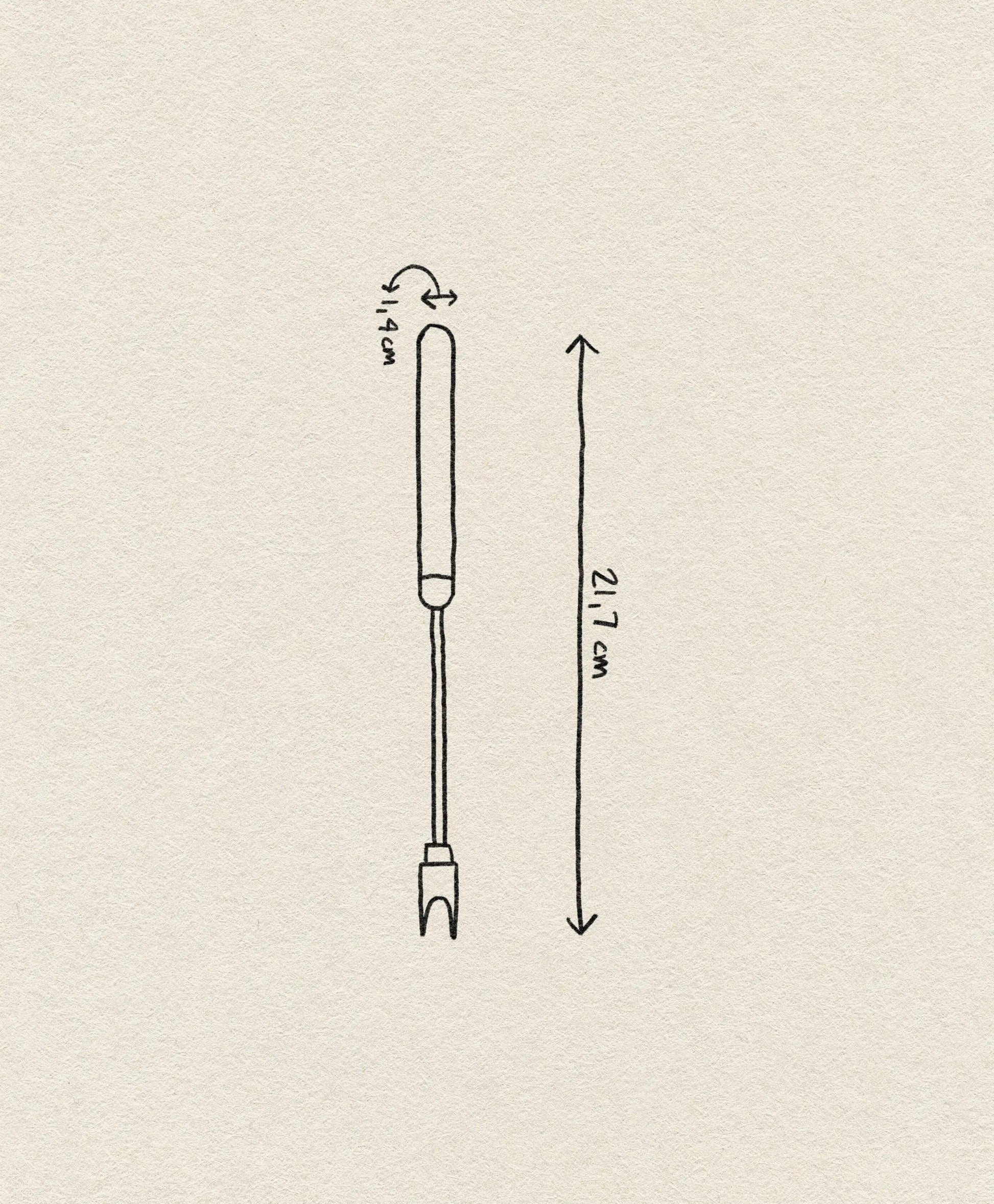 A simple line drawing of the Normann Copenhagen Pebble Cheese Fork, showing a labeled 4.9 cm handle and 21.7 cm total length, with measurements displayed on a plain background.