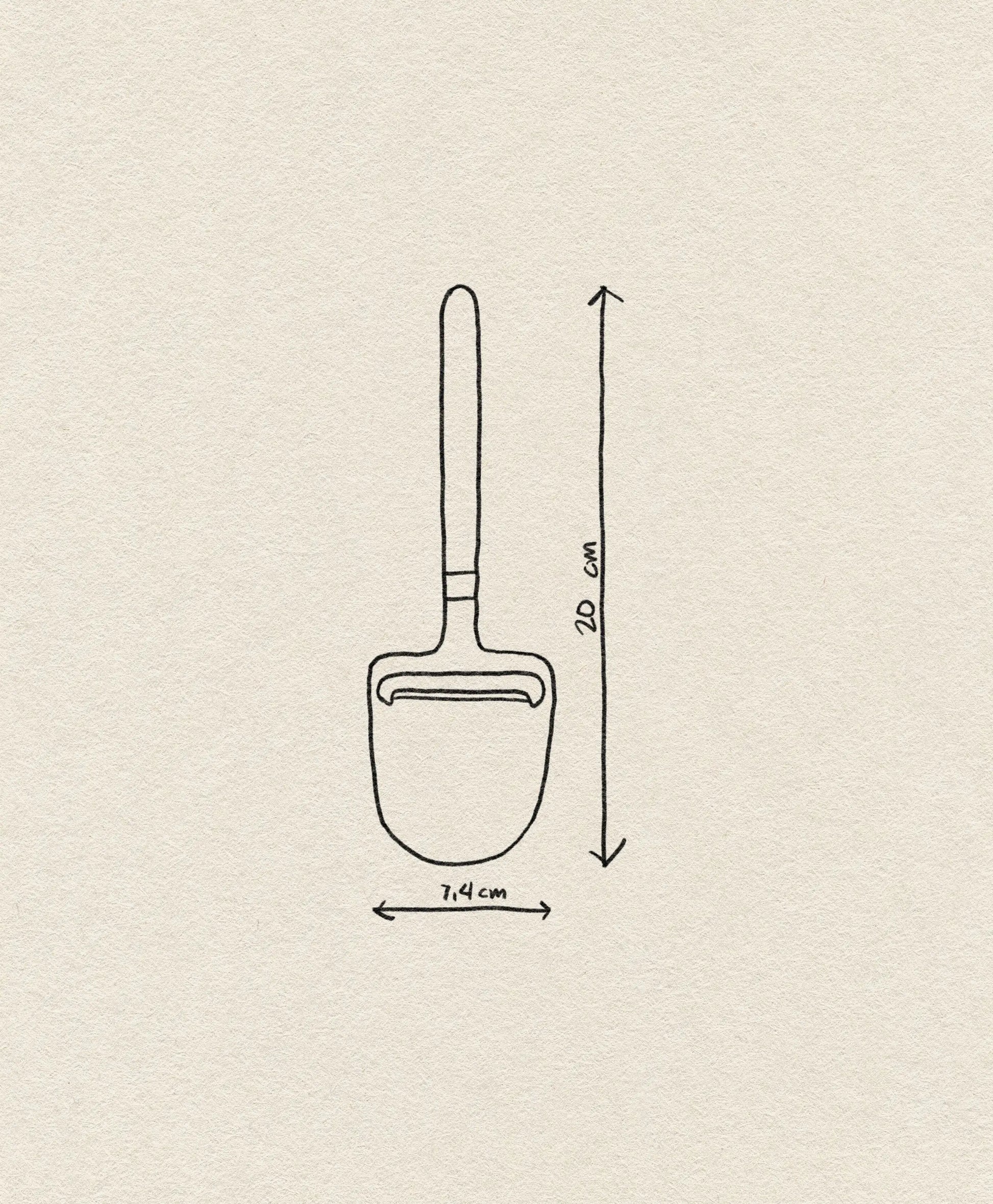 A simple line drawing of the Normann Copenhagen Pebble Cheese Plane, labeled with its dimensions—20 cm high and 7.4 cm wide—displayed on a plain, textured background, ideal for serving cheese elegantly.