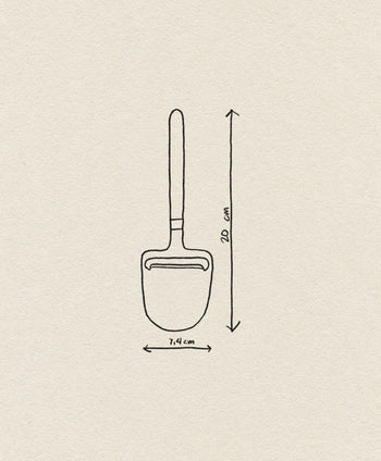 A simple line drawing of the Normann Copenhagen Pebble Cheese Plane, labeled with its dimensions—20 cm high and 7.4 cm wide—displayed on a plain, textured background, ideal for serving cheese elegantly.