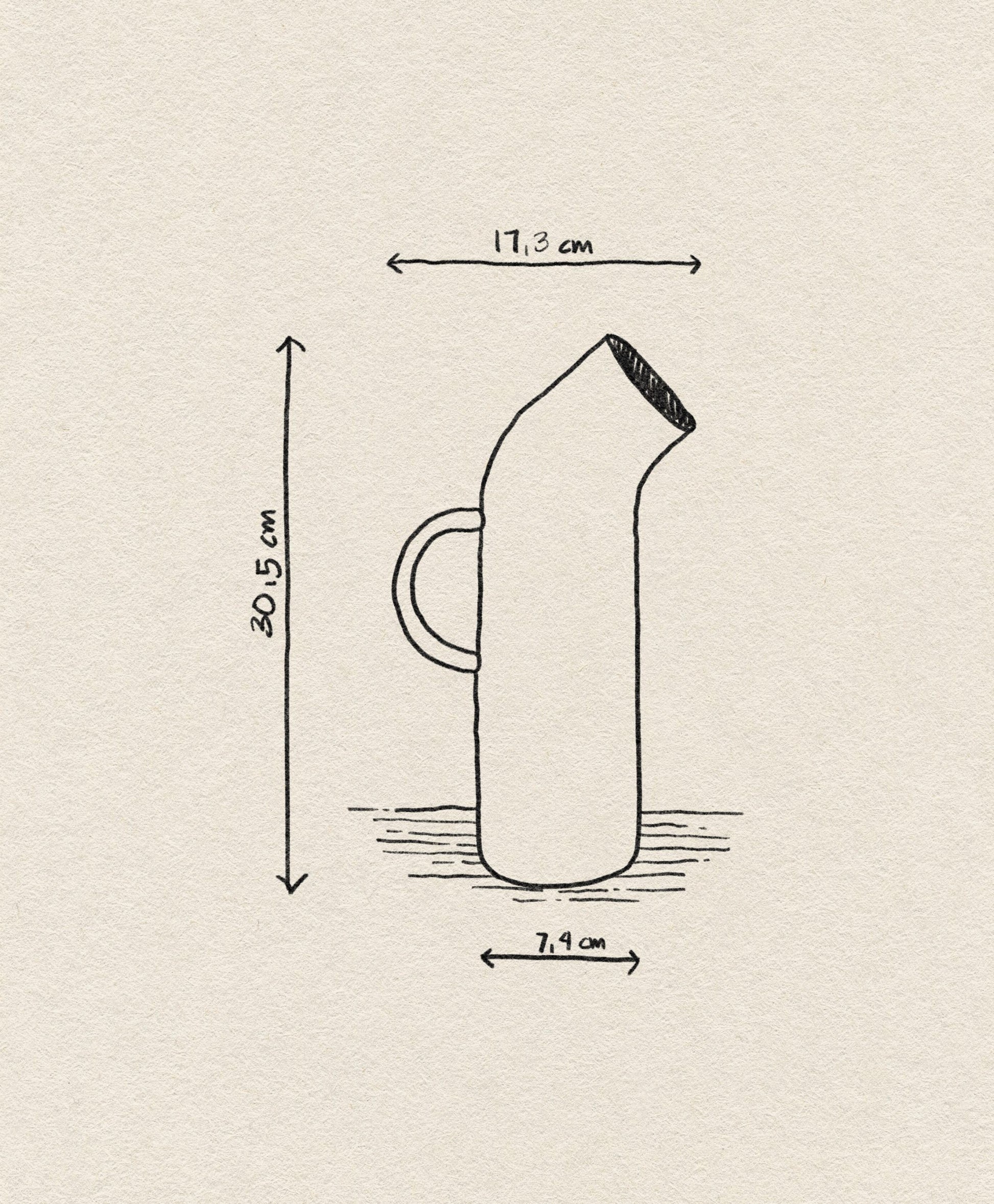 A sketch of the Normann Copenhagen Pipe Pitcher shows its retro style and handle, labeled with dimensions: 30.5 cm high, 17.3 cm wide (spout to back), and a 7.4 cm base diameter—ideal as a stylish kitchen accent from Normann Copenhagen.