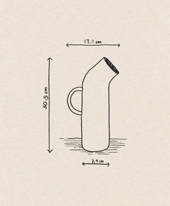A sketch of the Normann Copenhagen Pipe Pitcher shows its retro style and handle, labeled with dimensions: 30.5 cm high, 17.3 cm wide (spout to back), and a 7.4 cm base diameter—ideal as a stylish kitchen accent from Normann Copenhagen.