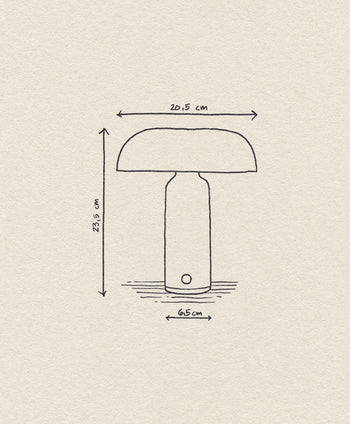 A hand-drawn diagram of the Normann Copenhagen Porta Table Lamp, mushroom-shaped with labeled dimensions—20.5 cm wide, 23.5 cm tall, and a 6.5 cm base—on textured paper, showcasing its modern Normann Copenhagen design.