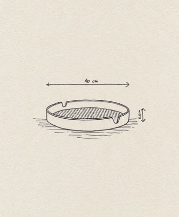 Hand-drawn illustration of the Normann Copenhagen Salon Tray, 40cm—a round bamboo serving tray with three small notches on its edge, measuring 40 cm in diameter and 5.5 cm high—shown from a slightly angled perspective.