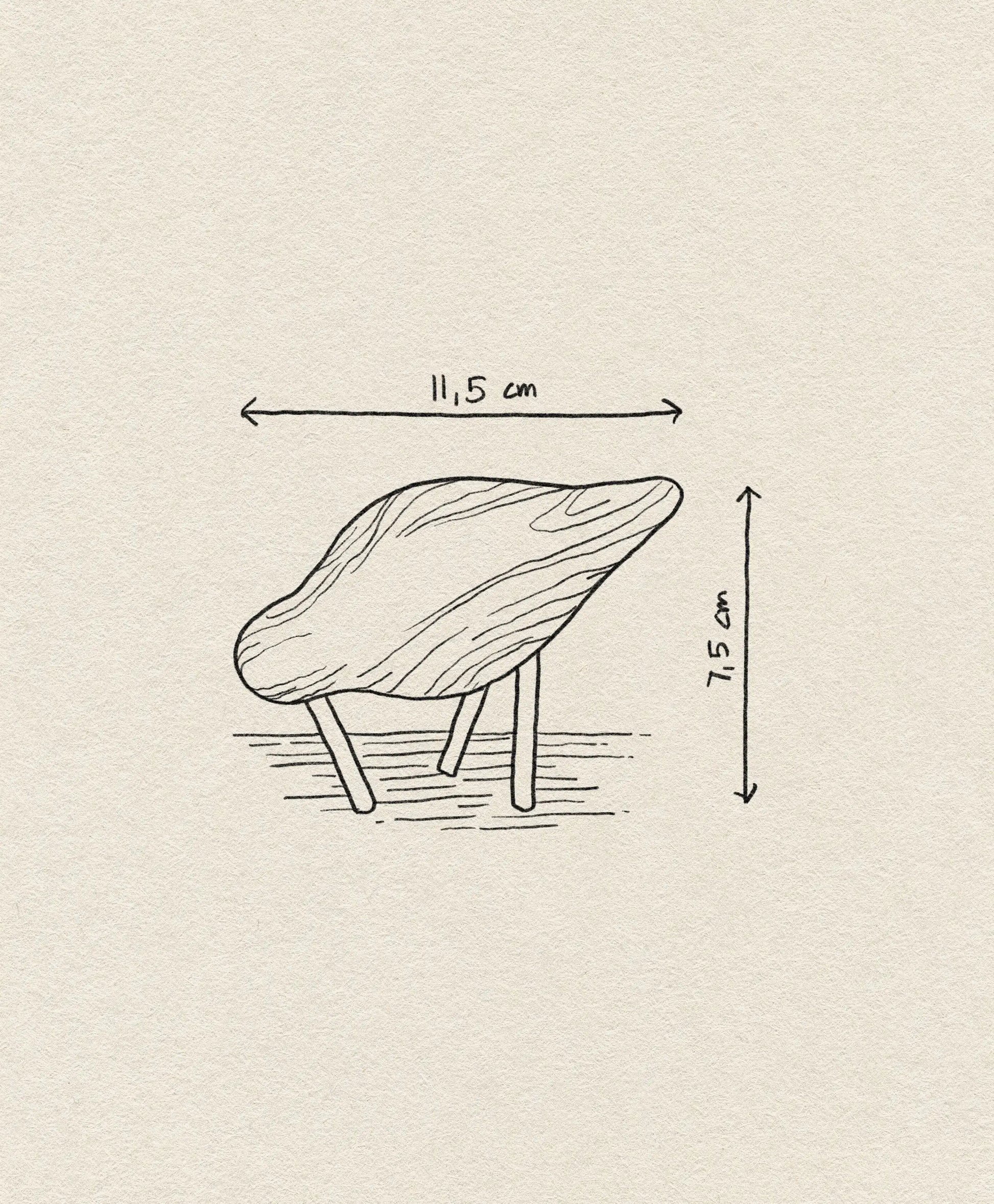 A sketch of the Normann Copenhagen Shorebird Small Oak by Normann Copenhagen, featuring a minimalist design with curved lines, measuring 11.5 cm wide and 7.5 cm tall, shown with labeled arrows on a textured background.