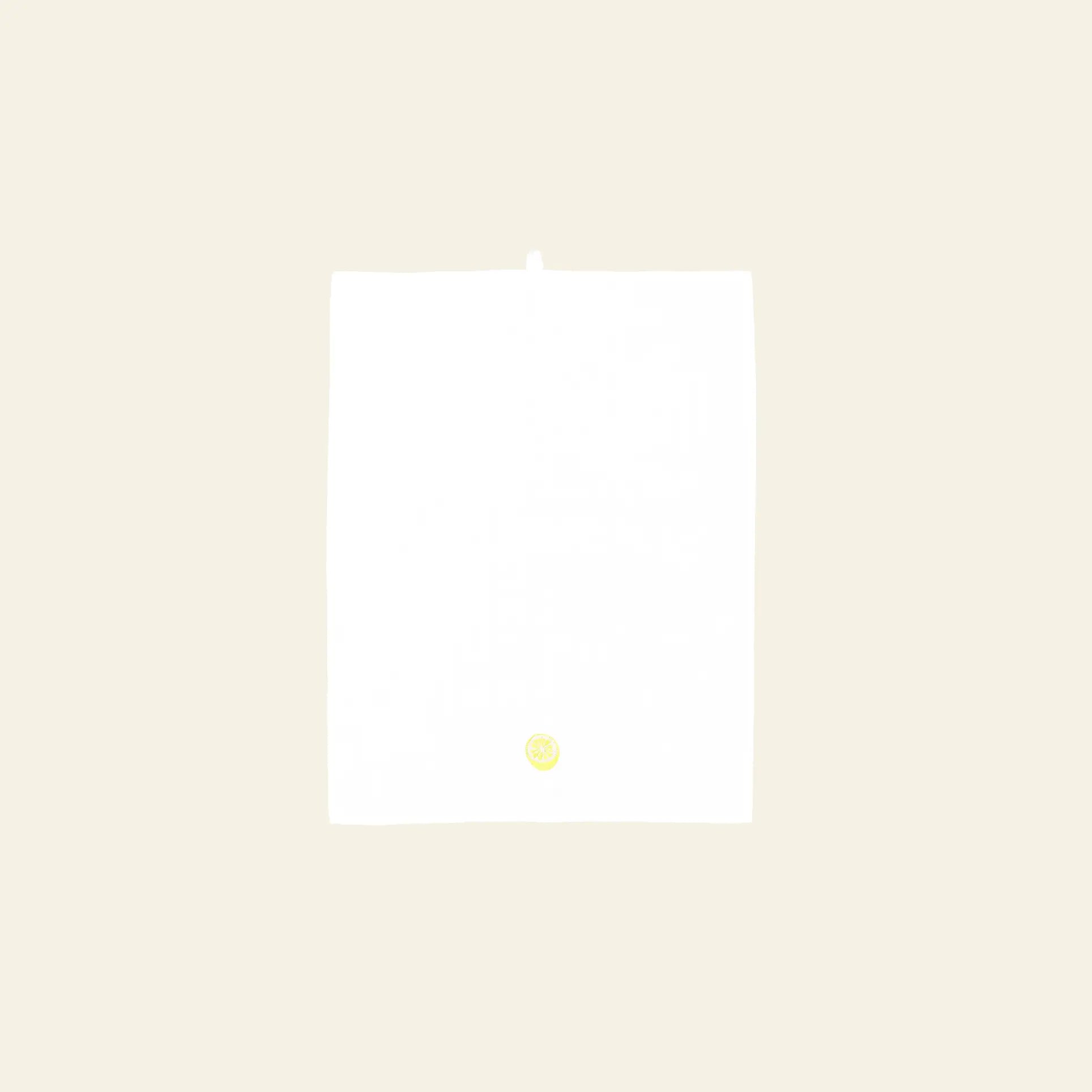 A plain white sheet of paper is set against a light beige background, featuring a small yellow circular sticker near the bottom center—echoing the clean, fresh design of the Normann Copenhagen Yummy Tea Towel by Normann Copenhagen.