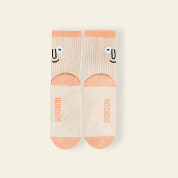 The NouNou Face Socks Set - Coral/Blue by NouNou features playful smiling faces and brand logo on the soles, making them a fun and colorful addition to your socks collection.