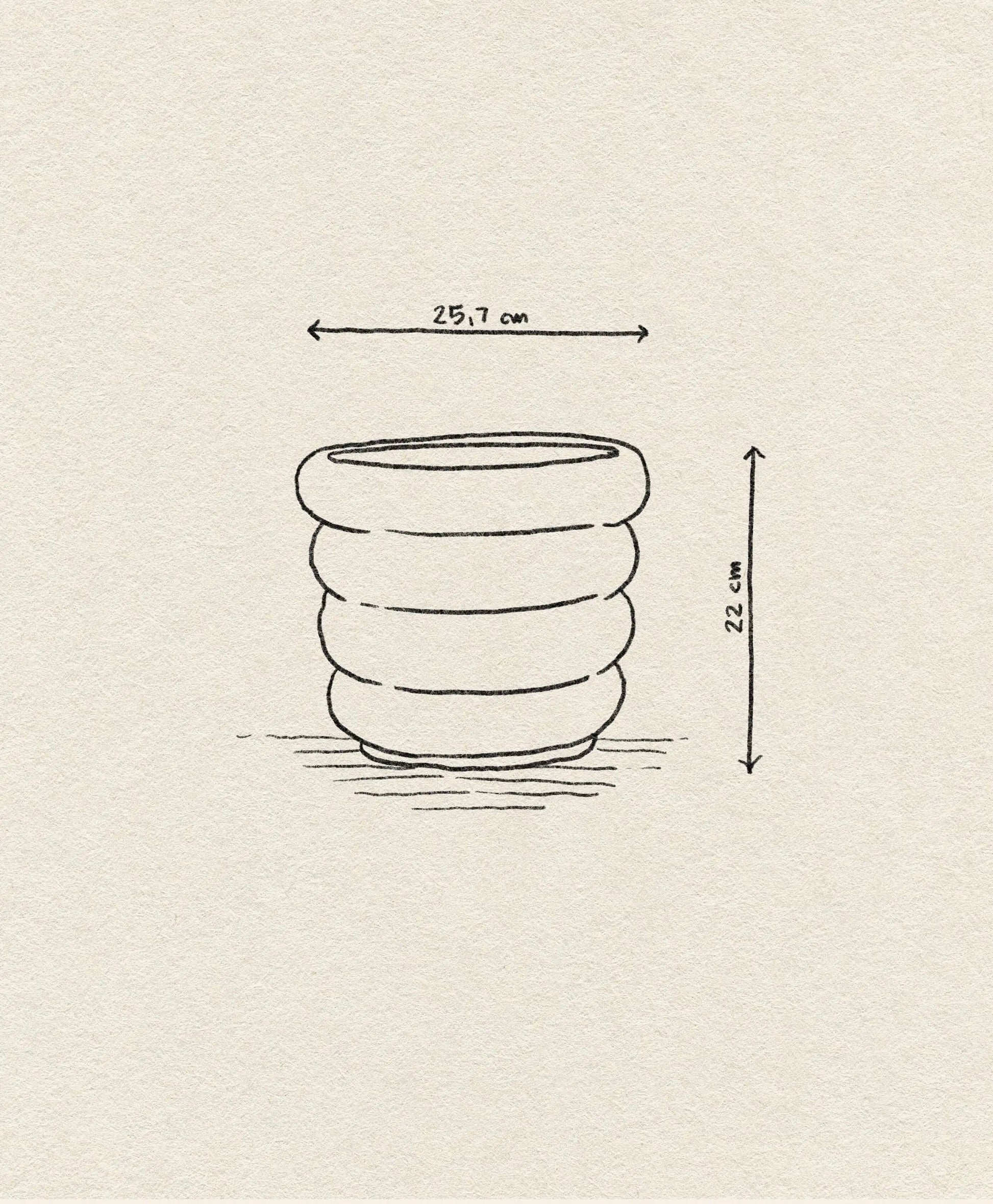 A simple sketch shows the OYOY Living Design Awa Pot, Large—a round, ribbed earthenware planter with a 25.7 cm diameter and 22 cm height, ideal for botanical displays—set against a light beige background.