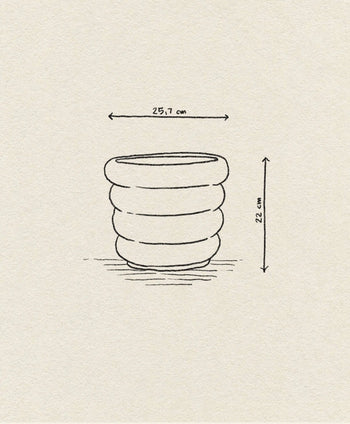A simple sketch shows the OYOY Living Design Awa Pot, Large—a round, ribbed earthenware planter with a 25.7 cm diameter and 22 cm height, ideal for botanical displays—set against a light beige background.