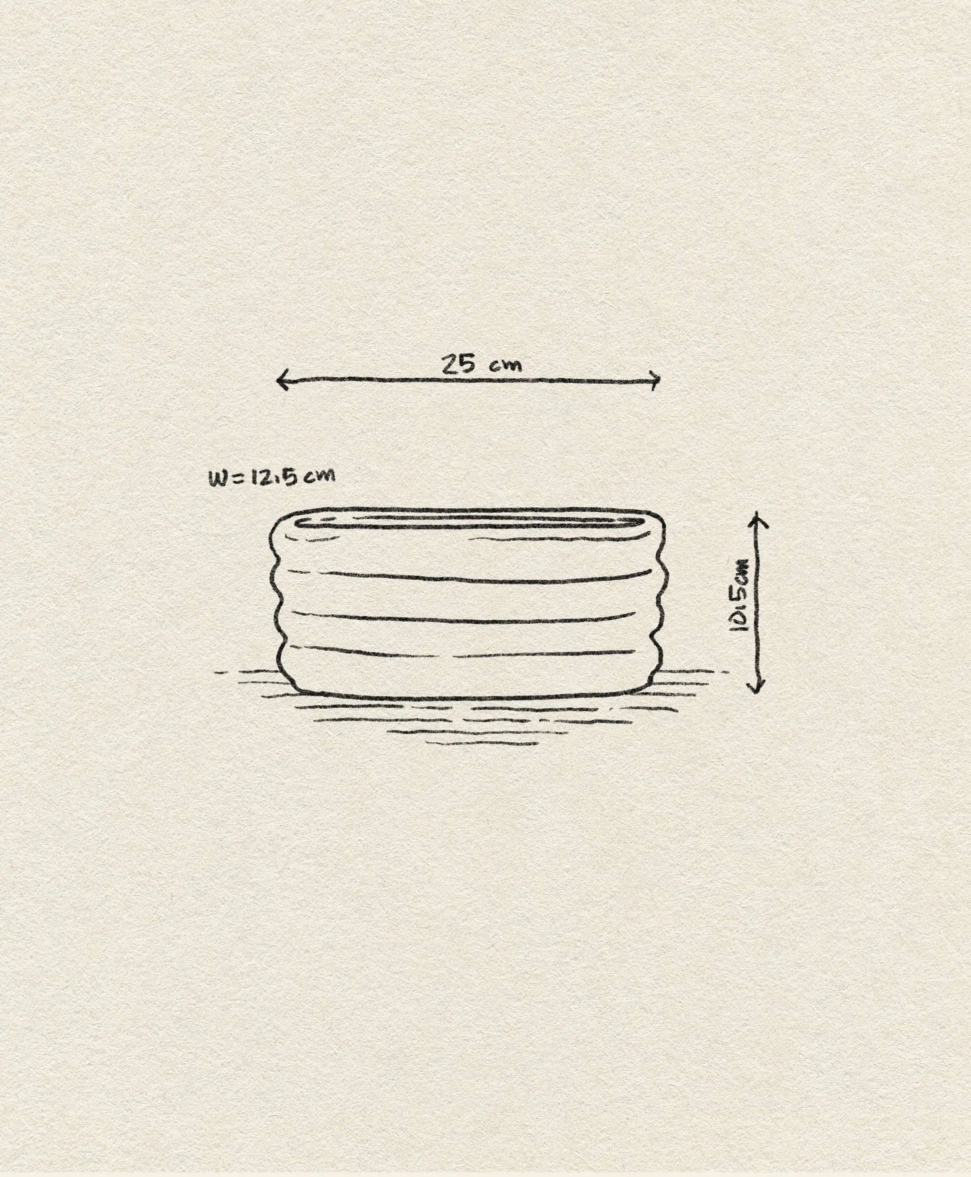 A simple sketch of the OYOY Living Design Awa Pot, Long by OYOY Living Design (25 cm wide, 12.5 cm deep, 10.5 cm tall), shown with labeled arrows on a beige textured background.
