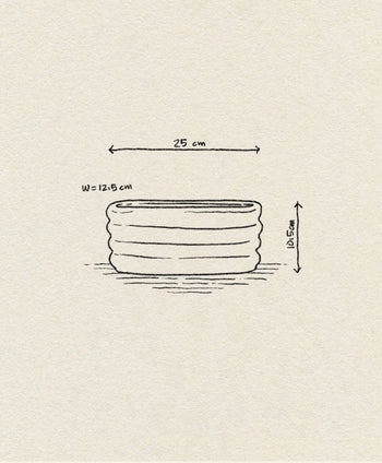 A simple sketch of the OYOY Living Design Awa Pot, Long by OYOY Living Design (25 cm wide, 12.5 cm deep, 10.5 cm tall), shown with labeled arrows on a beige textured background.