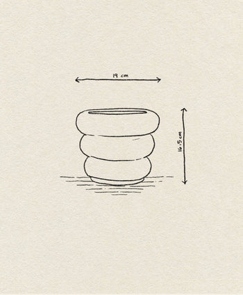 A simple line drawing of the OYOY Living Design Awa Pot, Small (19 cm wide, 16.5 cm tall), perfect for botanical displays by OYOY Living Design, illustrated on a textured beige background.