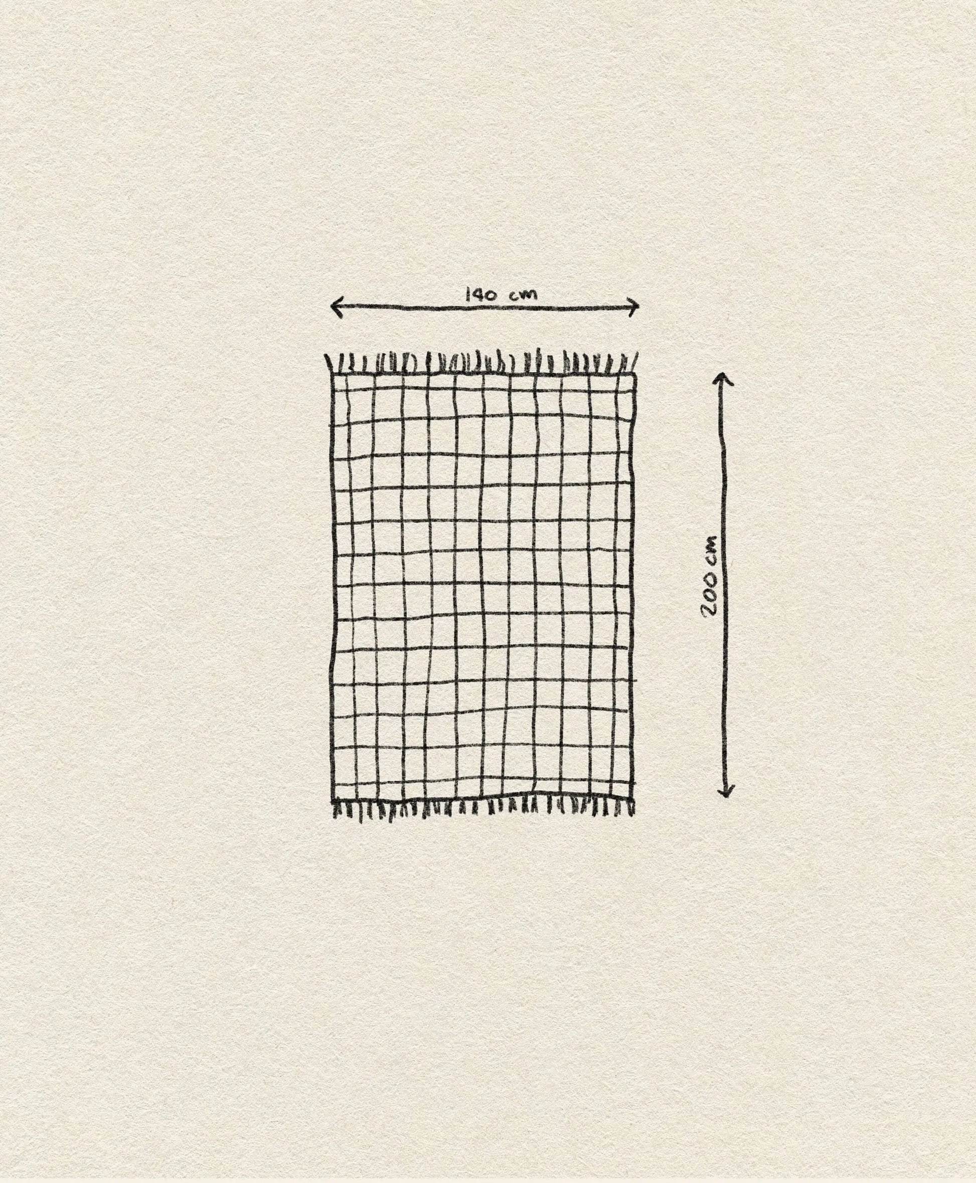 The OYOY Living Design Grid Rug by OYOY Living Design is a reversible, hand-drawn rectangular rug featuring graphic squares and fringes. Shown with arrows for its 140cm x 200cm dimensions on a textured beige background, it adds charm to any space.