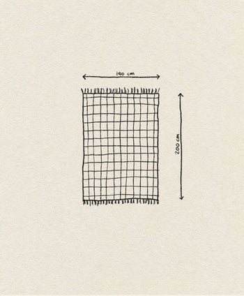 The OYOY Living Design Grid Rug by OYOY Living Design is a reversible, hand-drawn rectangular rug featuring graphic squares and fringes. Shown with arrows for its 140cm x 200cm dimensions on a textured beige background, it adds charm to any space.