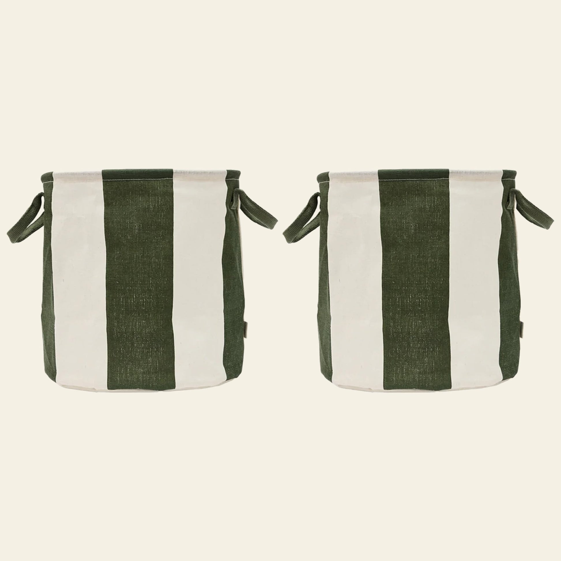 The OYOY Living Design Kara Storage Basket Medium, Set of 2, features round baskets with bold green and white stripes, PE-coated interiors for durability, and side handles—perfect for organizing toys. Shown side by side against a plain background.