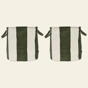 The OYOY Living Design Kara Storage Basket Medium, Set of 2, features round baskets with bold green and white stripes, PE-coated interiors for durability, and side handles—perfect for organizing toys. Shown side by side against a plain background.