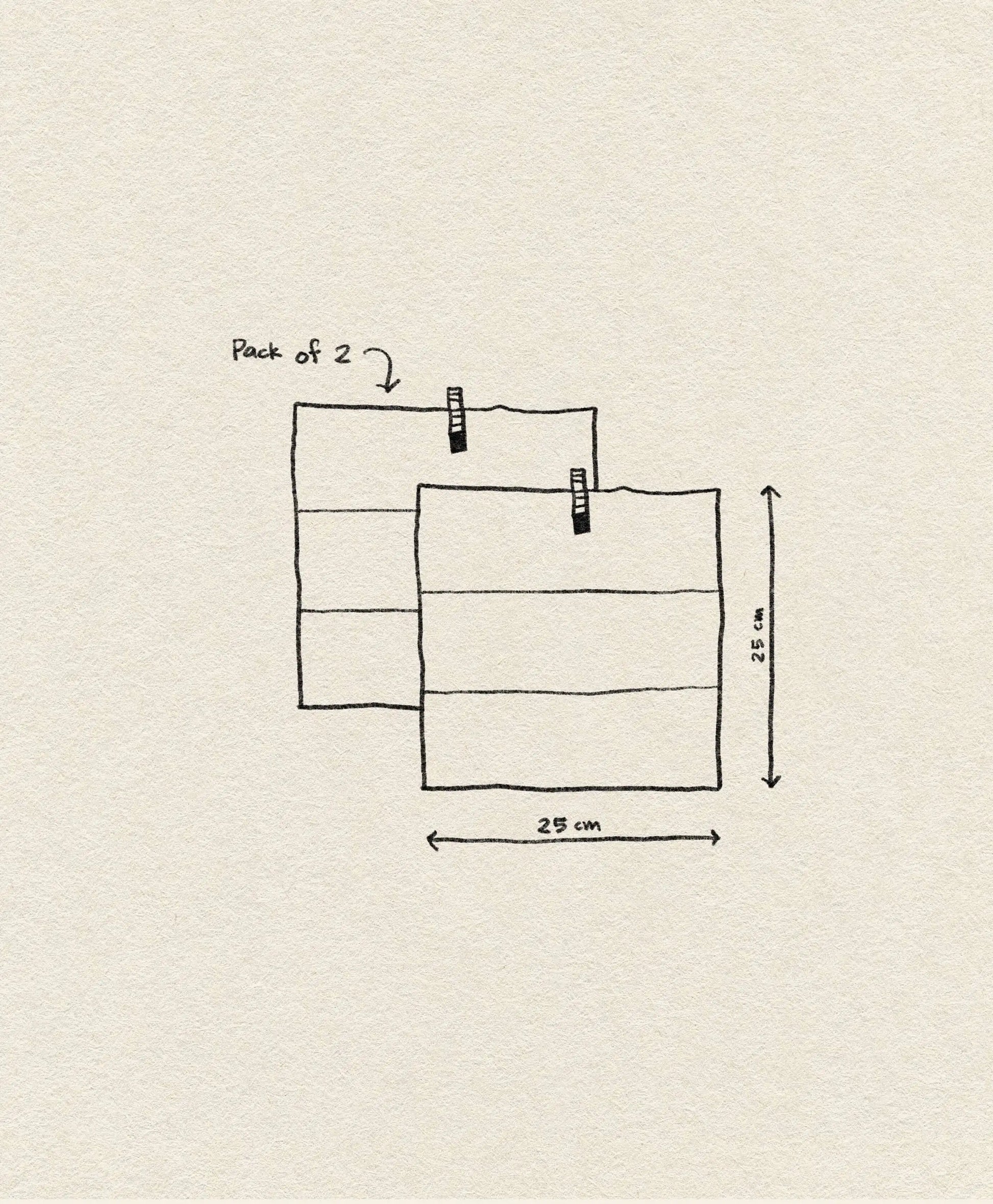 A minimalist line drawing shows two OYOY Living Design Niji Dish Cloths, Pack of 2, each measuring 25 cm x 35 cm, clipped at the top against a textured kitchen background.