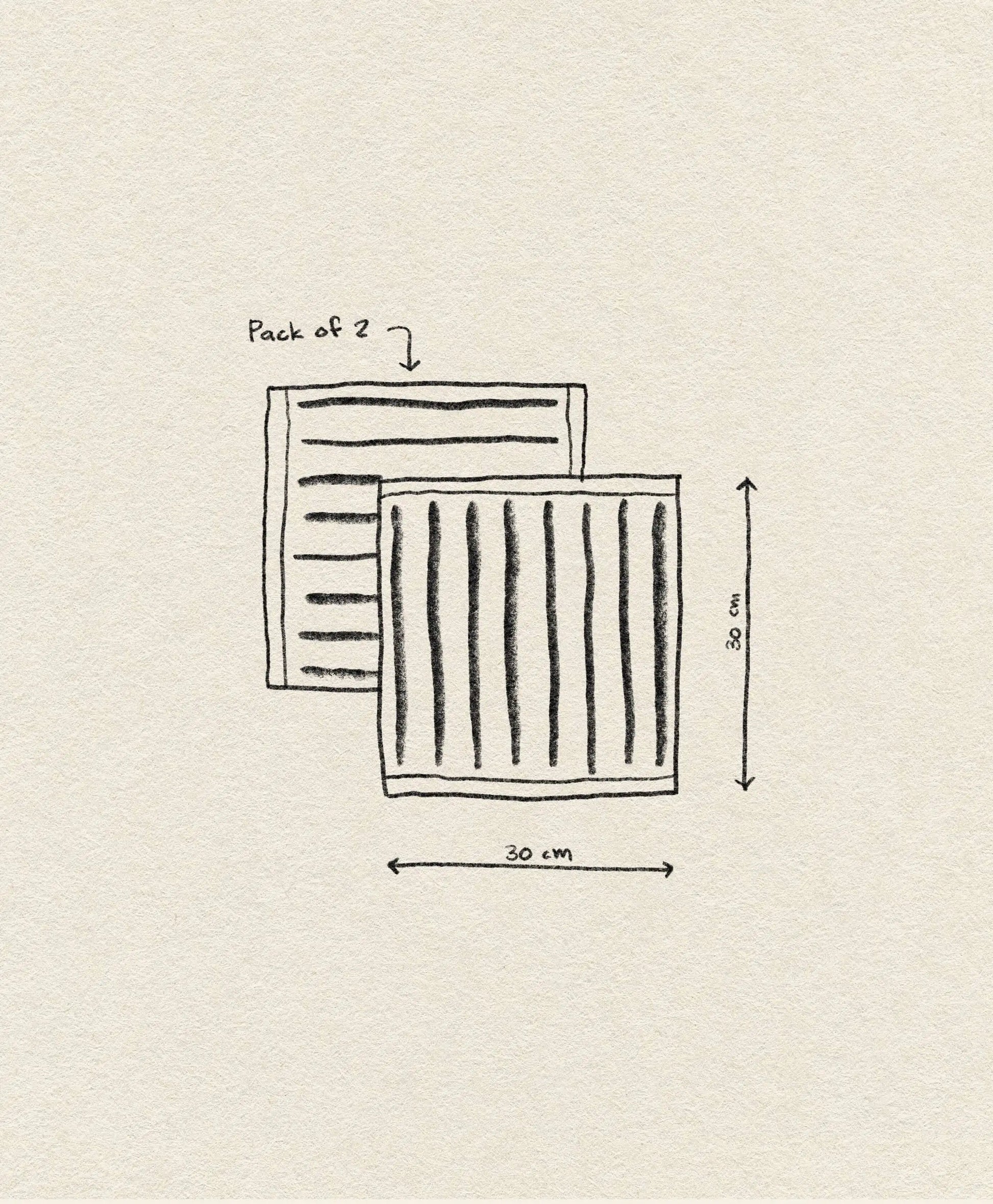 A hand-drawn illustration of two OYOY Living Design Raita Wash Cloths, Pack of 2, each measuring 30 cm wide by 8.8 cm tall, and featuring vertical stripes inspired by the signature organic cotton Terry fabric.