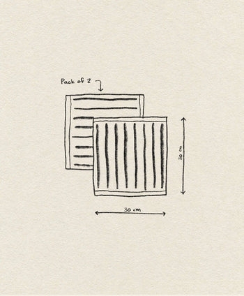 A simple sketch shows two striped rectangular OYOY Living Design Raita Wash Cloths, Pack of 2, each measuring 30 cm x 33.8 cm, with one in front, set against a plain off-white textured background.