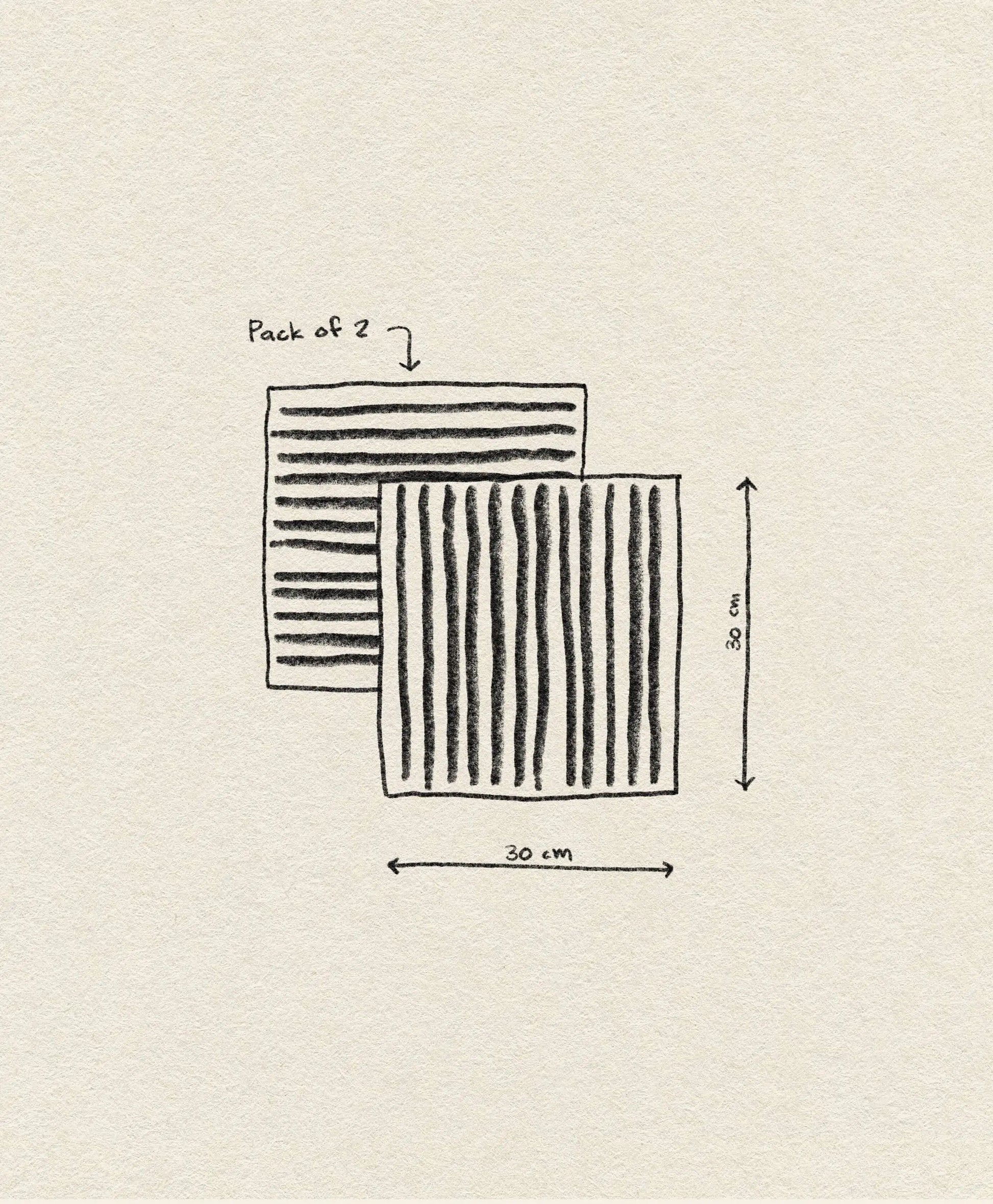 A simple sketch shows two striped OYOY Living Design Raita Wash Cloths, Pack of 2. Each square wash cloth measures 30 cm x 30 cm. Made from organic cotton terry, set against a light beige background.