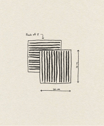 A simple sketch shows two striped OYOY Living Design Raita Wash Cloths, Pack of 2. Each square wash cloth measures 30 cm x 30 cm. Made from organic cotton terry, set against a light beige background.
