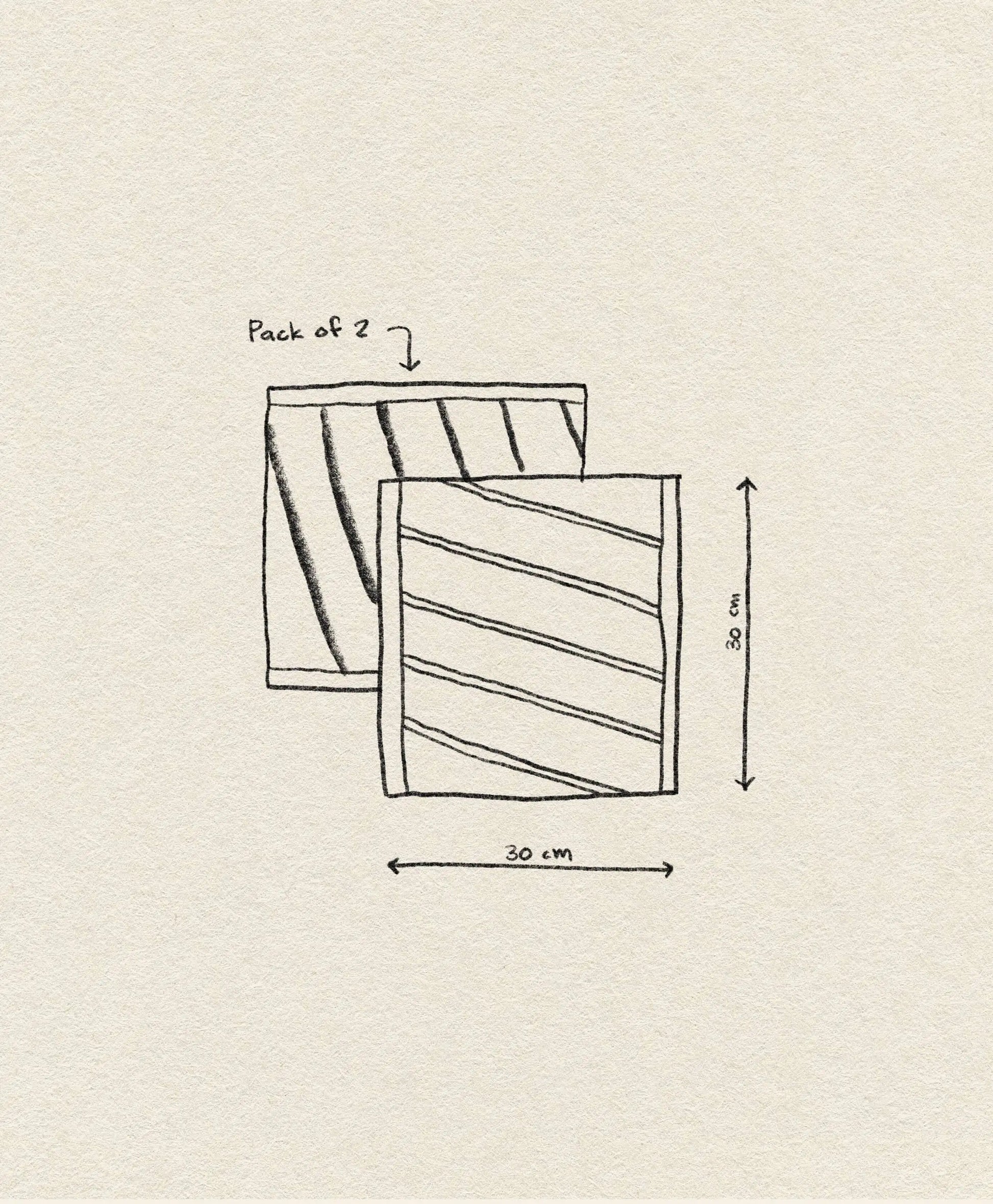 A simple line drawing shows two OYOY Living Design Raita Wash Cloths, Pack of 2, with one behind the other. An arrow indicates their size: 8.8 cm high and 30 cm wide. The background is light beige.