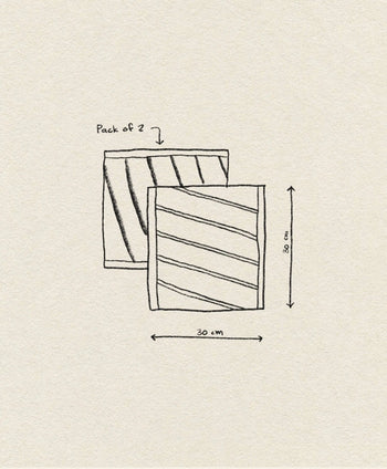 A simple line drawing shows two OYOY Living Design Raita Wash Cloths, Pack of 2, with one behind the other. An arrow indicates their size: 8.8 cm high and 30 cm wide. The background is light beige.