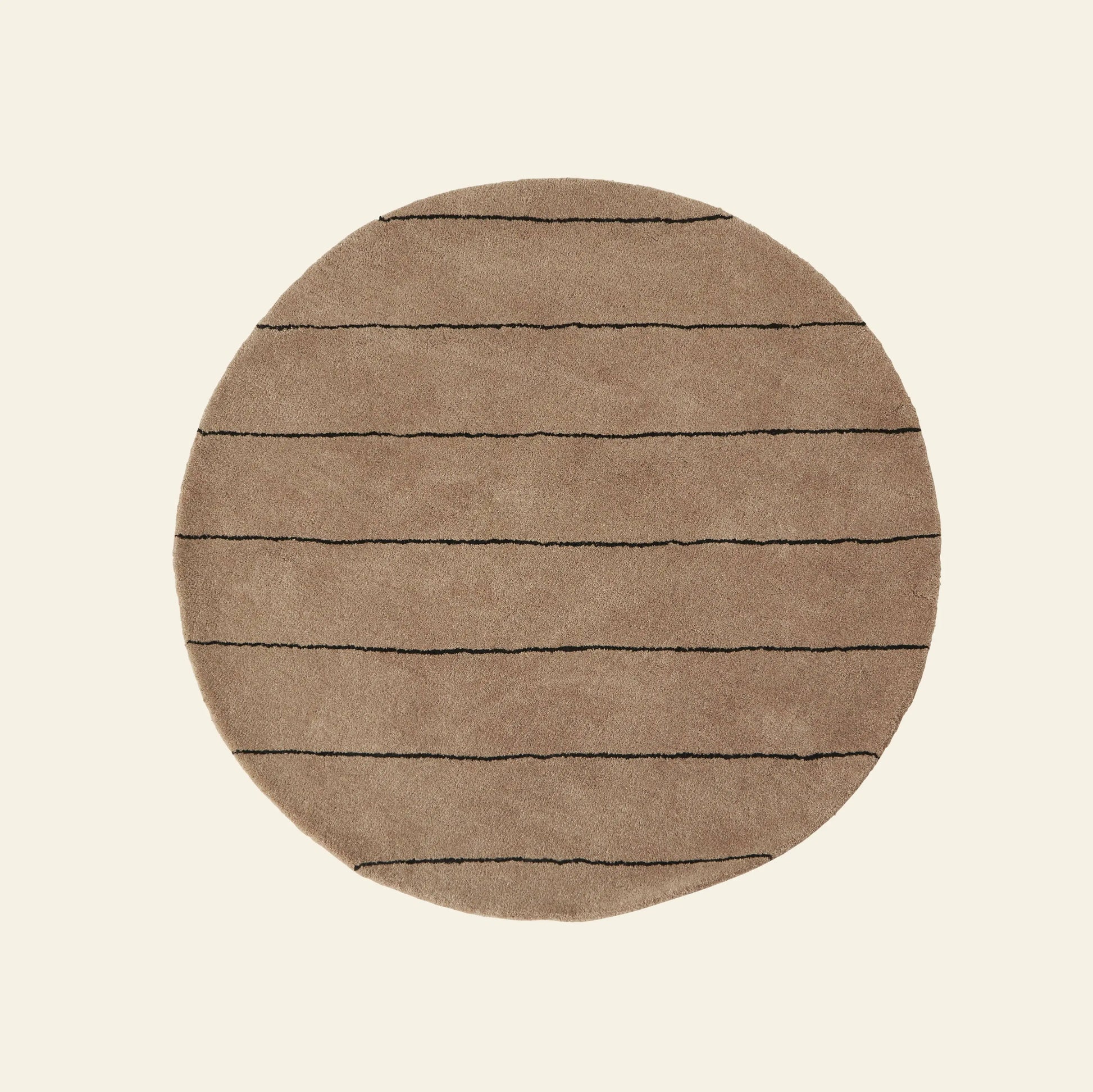 The OYOY Living Design Striped Circle Rug by OYOY Living Design is a round wool and cotton rug with thin, evenly spaced black horizontal stripes on a beige base—ideal for complementing any home decor.