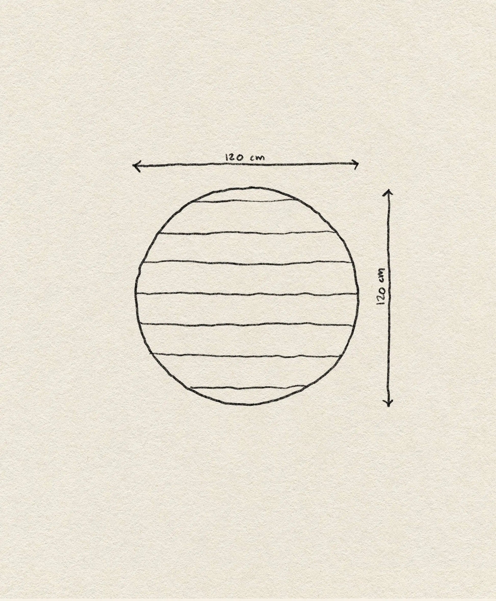 The OYOY Living Design Striped Circle Rug, 120 cm in diameter, features hand-drawn horizontal lines on textured beige paper—ideal for cozy home decor and wool or cotton-inspired styles from OYOY Living Design.