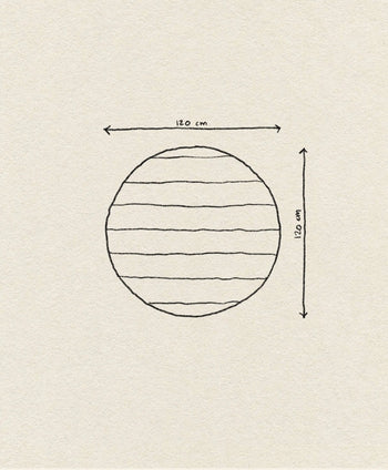 The OYOY Living Design Striped Circle Rug, 120 cm in diameter, features hand-drawn horizontal lines on textured beige paper—ideal for cozy home decor and wool or cotton-inspired styles from OYOY Living Design.